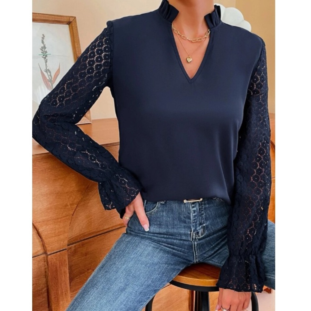 Boho  navy blue lace  blouse - Picture 2 of 6